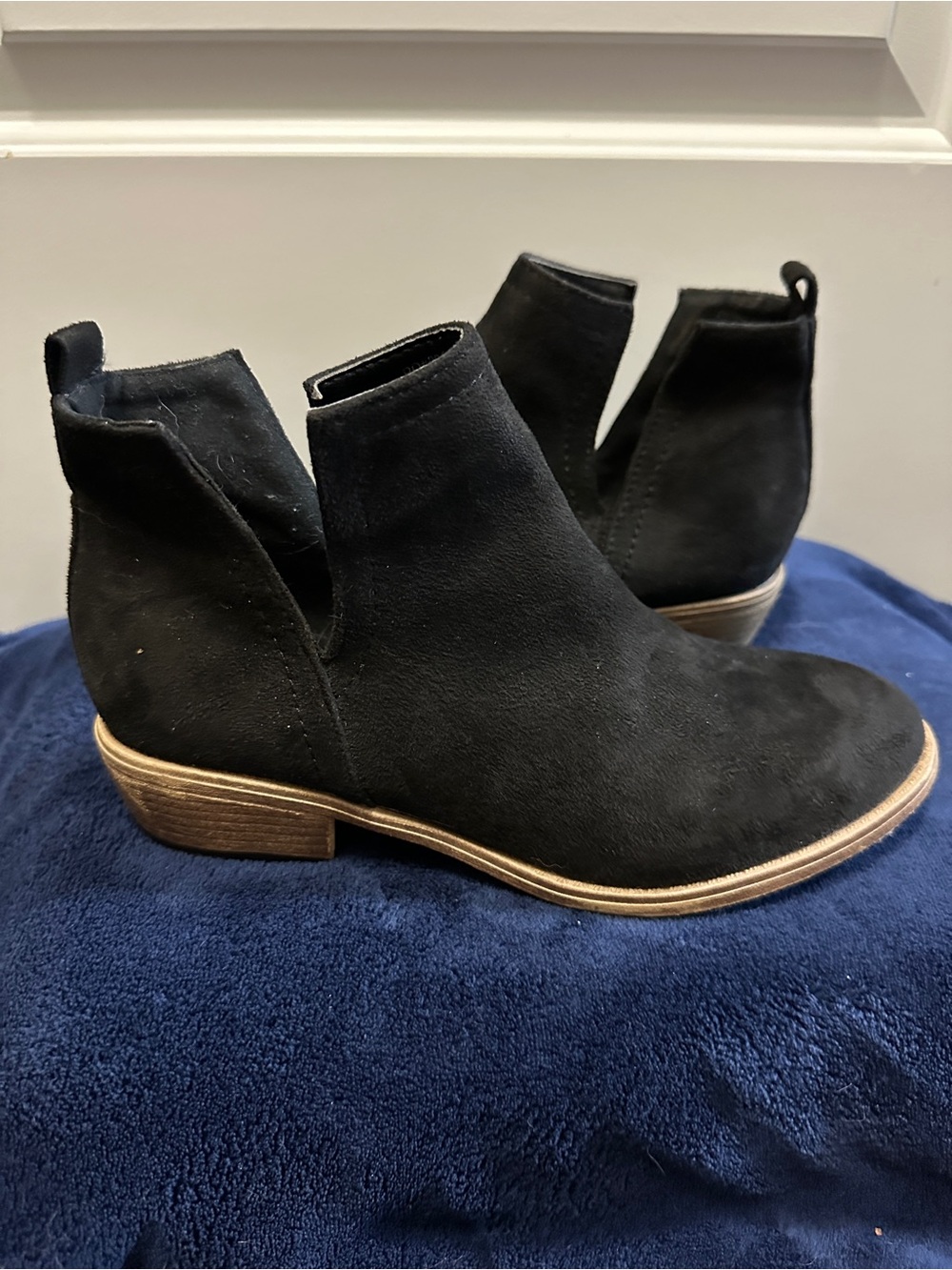 Women's Black Suede Ankle Booties with Low Stacked Heel
